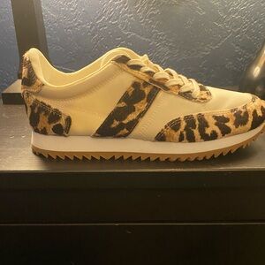 J Crew cream nylon and brown leopard lifestyle sneakers